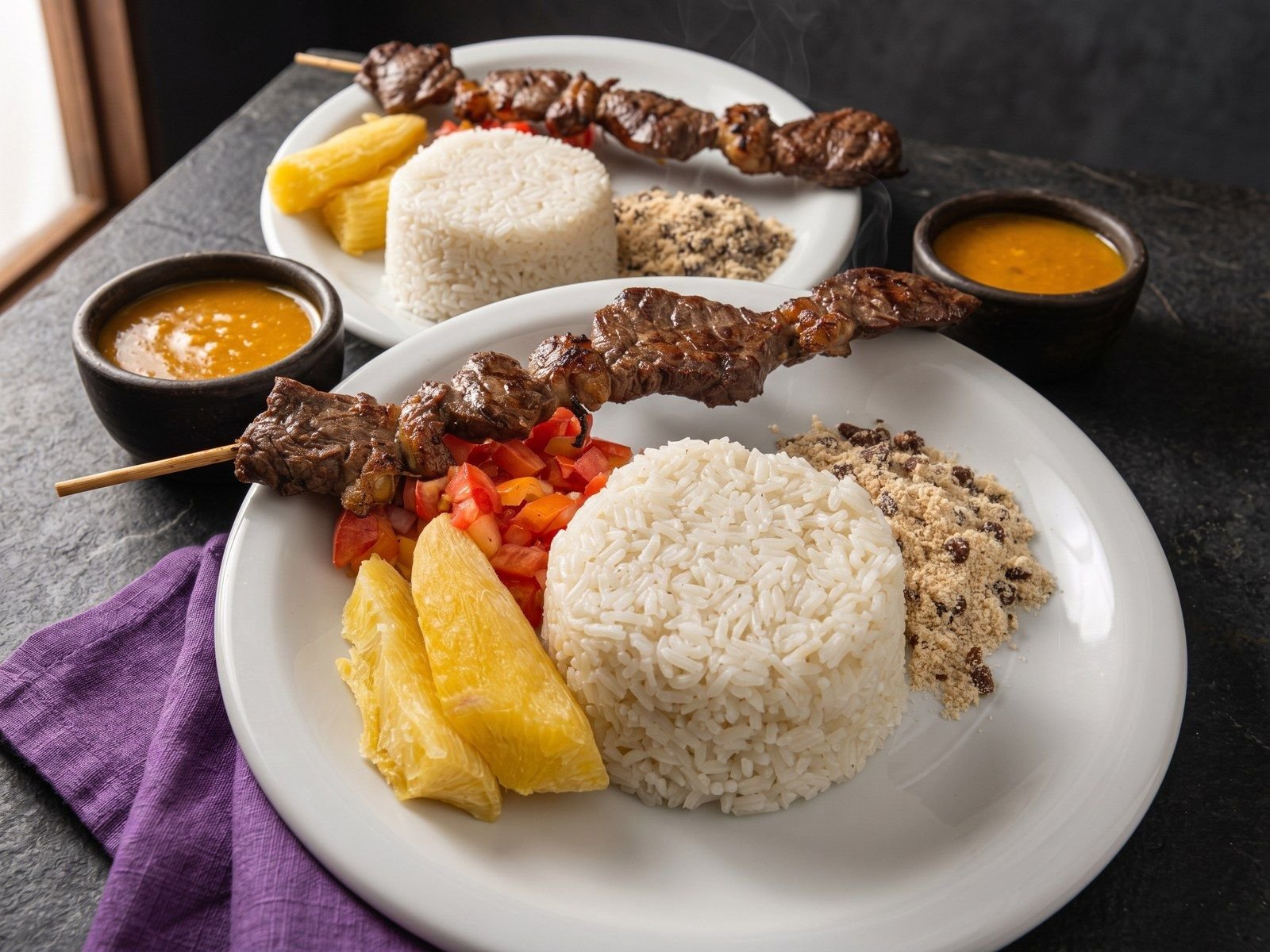 Espetinho com arroz, mandioca, farofa e vinagrete