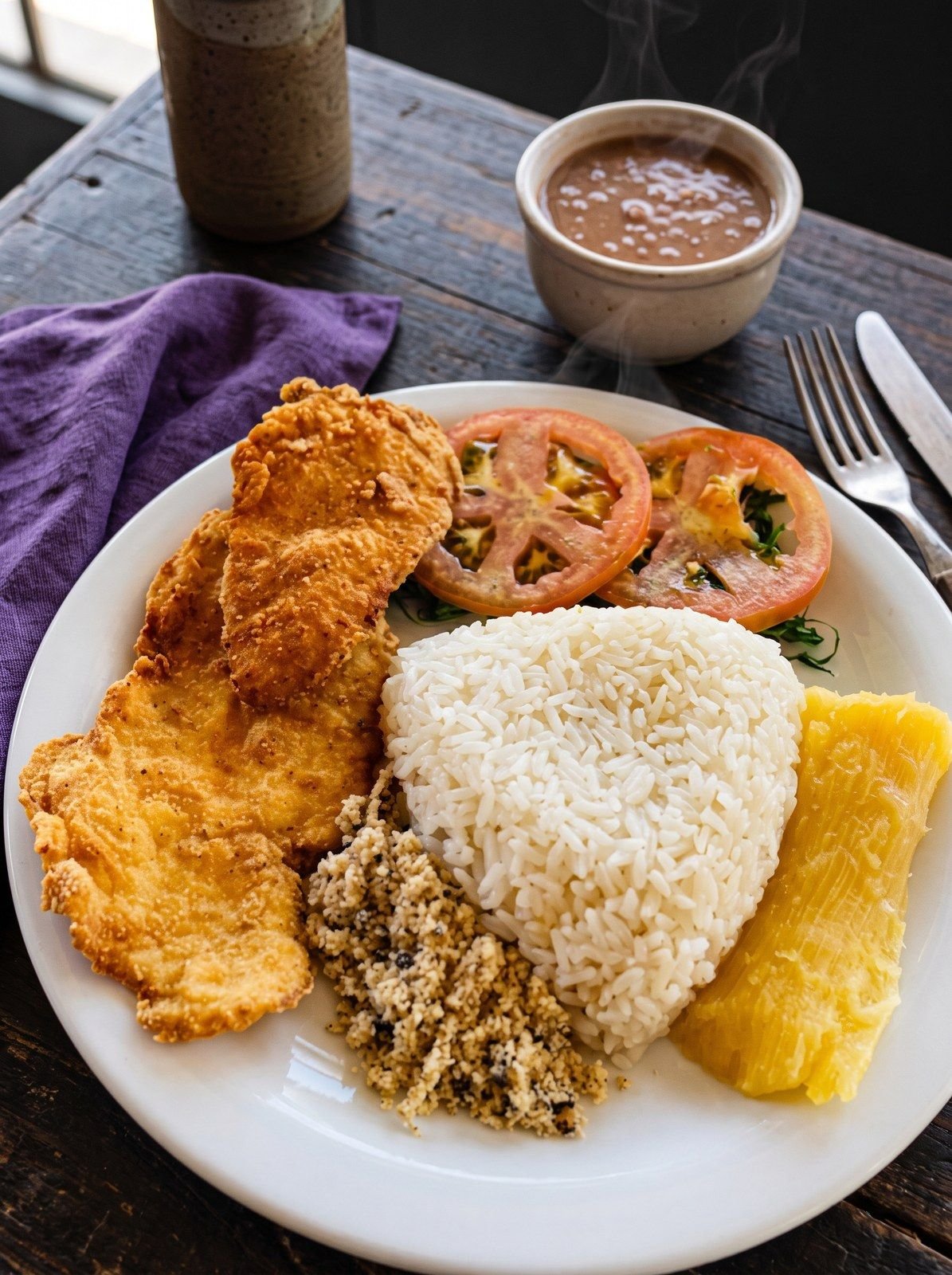 Prato de frango à milanesa com arroz, farofa, mandioca e tomate